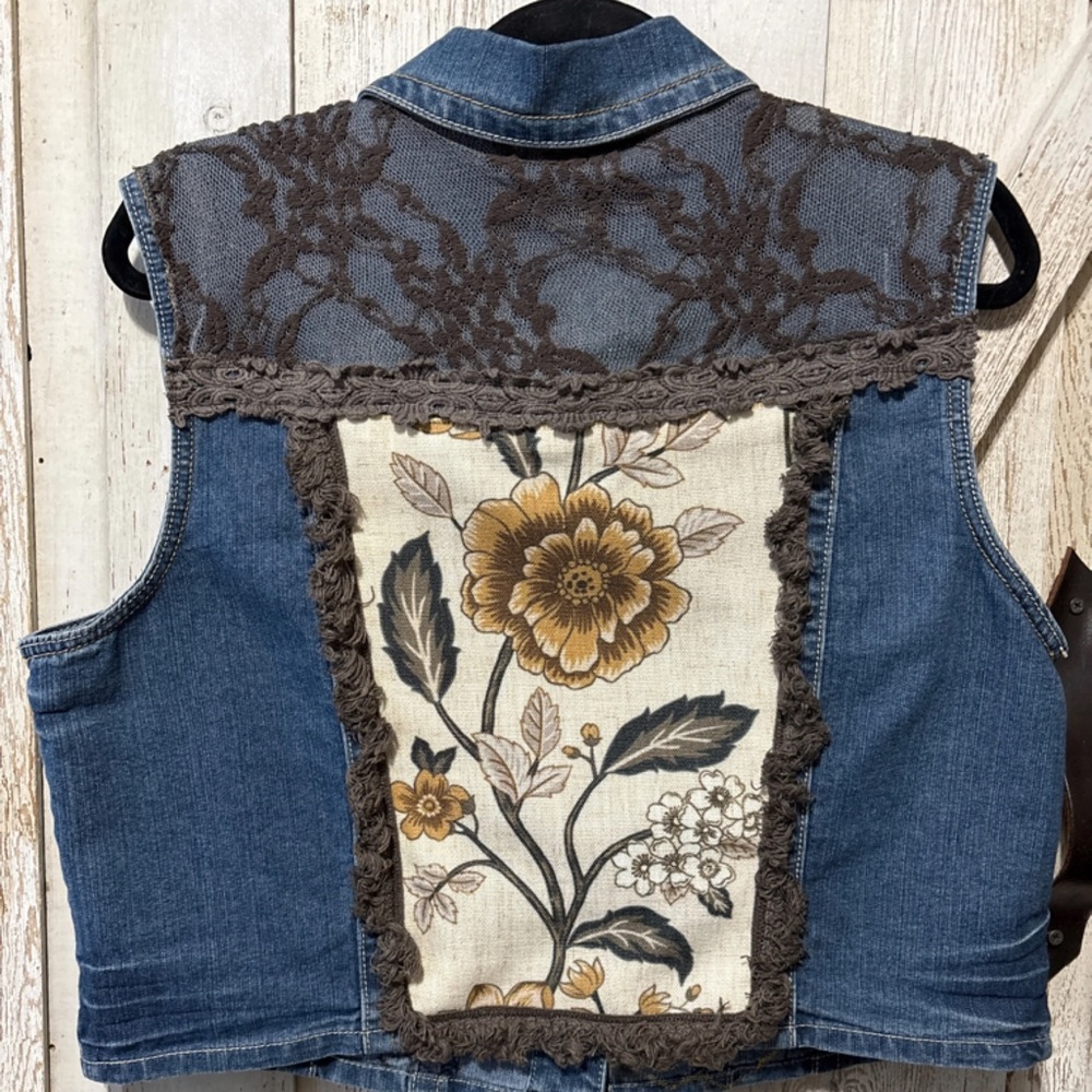 Upcycled floral and lace denim vest